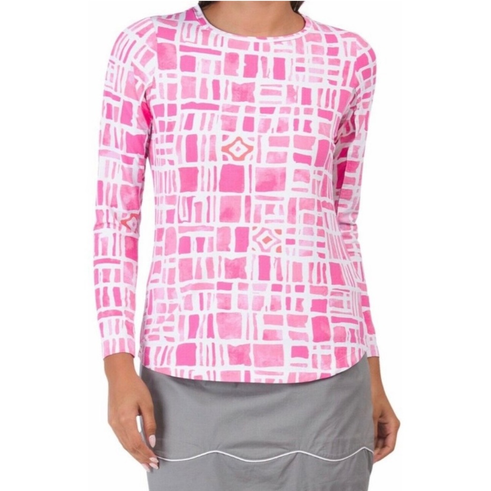 IBKUL Out of the Box Crew Neck Top XXL Long Sleeve Pink/White UPF 50 Golf